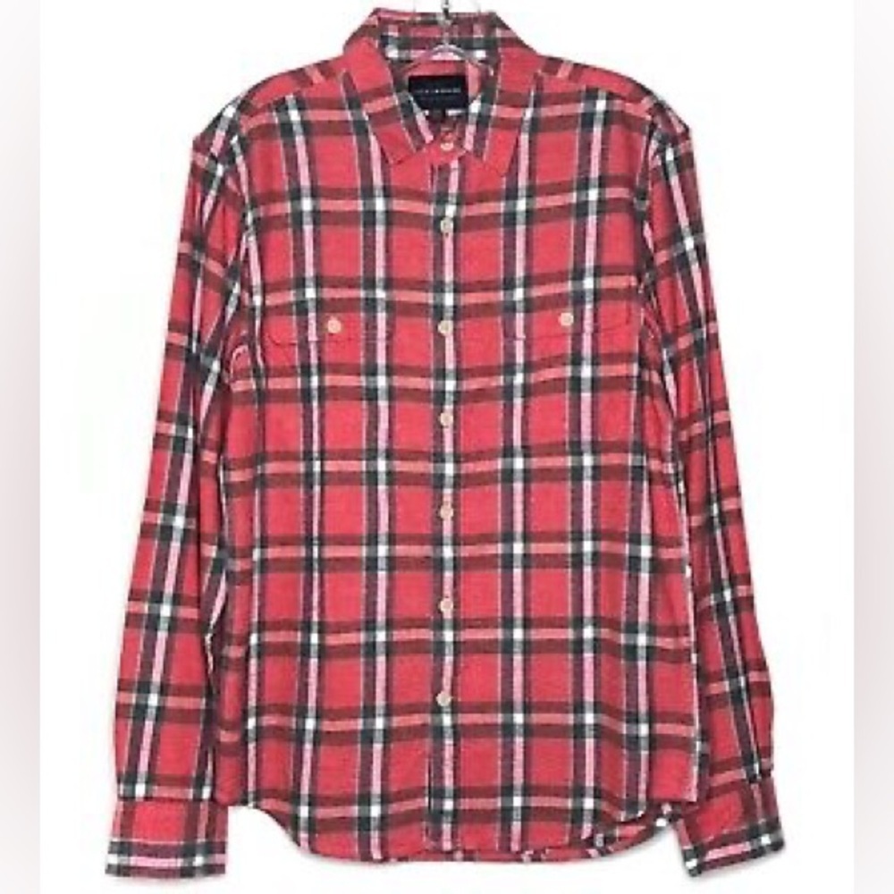 Lucky Brand Shirt Mens Large L Red Flannel Plaid Long Sleeve Button Up Cotton